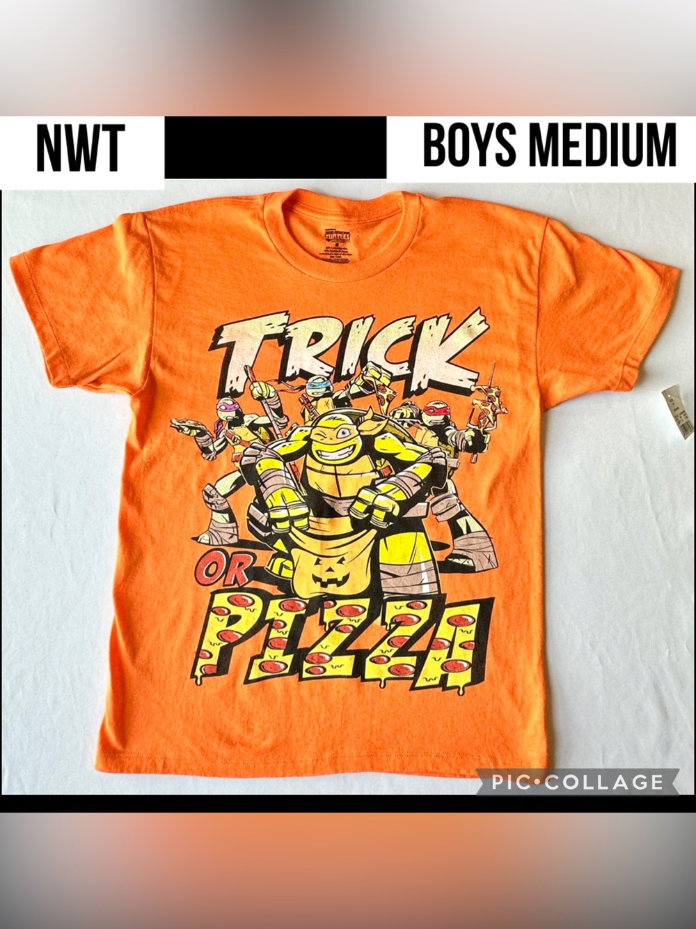 NWT Teenage Mutant Ninja Turtles Boys T-Shirt Orange Trick Or Pizza Halloween M